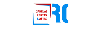 Logotipo da RC Caixilharia com elementos geométricos em vermelho e azul.